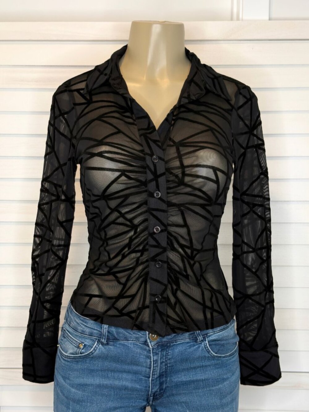 Black Sheer Abstract Mesh Button Up Long Sleeve Top